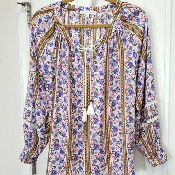 Jane and Delancey Purple 3/4 Sleeve Boho Floral Tie Front Blouse, MED - Picture 1 of 6